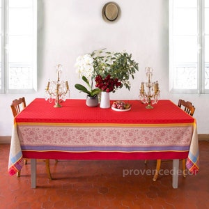 CAMELIA RED Jacquard Woven Reversible Heavy Cotton Teflon Coated Table cloths - French Country Elegant Table Cover - Home Table Set Gifts