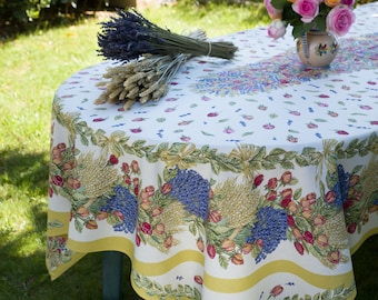 ROSES LAVENDER 98" X 62" Rectangular Cotton Coated Tablecloth French Oilcloth Spill Proof Wipe Off Fabric Provence Flowers Wedding Gifts