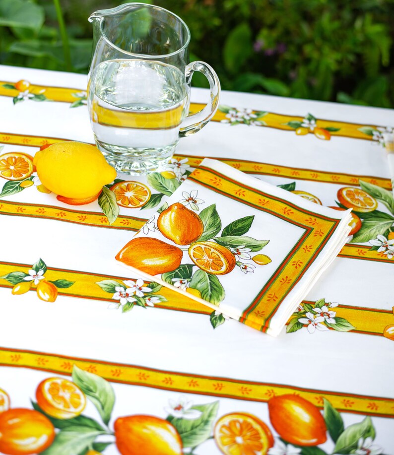 LEMON WHITE Rectangle Cotton Coated Tablecloth French Oilcloth Wipeable Fabric Indoor Outdoor Dining Picnic Party Table Cover Summer Gift bild 2