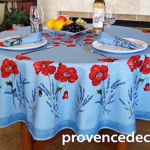 70" POPPY LAVENDER SKY Blue Cotton Coated Round Table cloth -French Oilcloth Spill Proof Wipe Off Circular Provence Flowers Table Home Decor