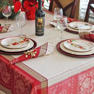 ELEGANCE RED Jacquard Woven Cotton Teflon Tablecloth French Country Holiday Christmas Dining Room Washable Rustic Kitchen Party Gift Decor
