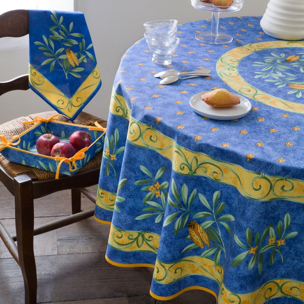 70" CIGALE BLUE Acrylic Cotton Coated Round Tablecloths - French Oilcloth Laminated Stain Water Resistant Party Easy Wipe Off Circular Cloth