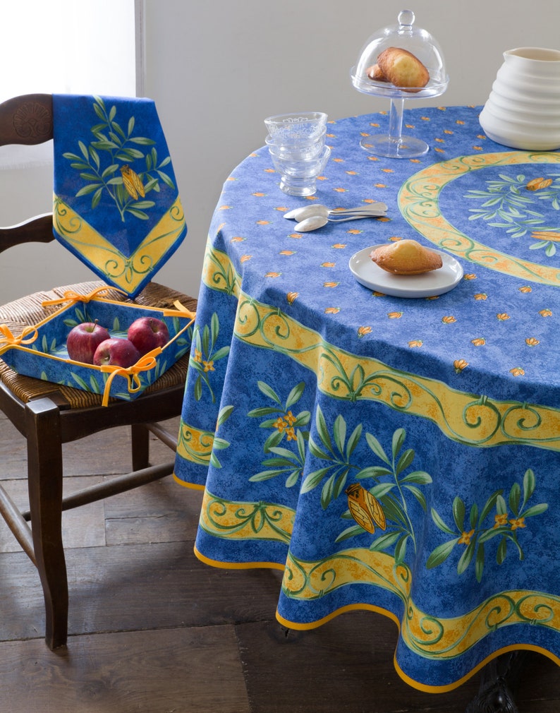 CIGALE BLUE Round Acrylic Cotton Coated Tablecloth