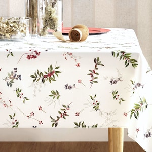 WILD BERRIES ALLOVER Rectangular Christmas Tablecloth French Oilcloth Rectangle Coated Wipeable Fabric Christmas Gift Party Table Decoration