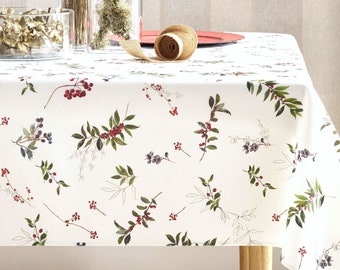 WILD BERRIES ALLOVER French Country Rectangular Christmas Tablecloth - Acrylic Cotton Coated Wipe Off Fabric - Xmas Party Table Decor Gifts