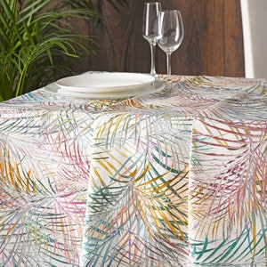 SALE OASIS GARDEN Rectangular Tablecloth French Oilcloth Cotton Coated Wipeable Tropical Palm Leaf Multicolor Table Cover Hostess Gift Decor