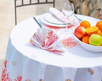 70in MEDITERRANEAN CORAL Round 100% Cotton Tablecloth French Ocean Beach Resort Circular Table Cover Wedding Kitchen Dining Decor Gift Party