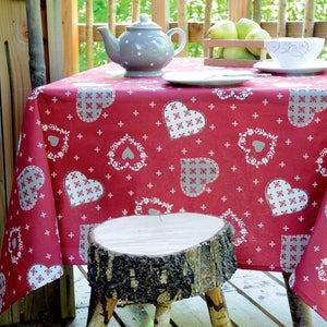 SALE! HEART RED Acrylic Cotton Coated Rectangle Tablecloths - French Oilcloth Spill Proof Wipe Off Mountain Home and Valentines Table Decor