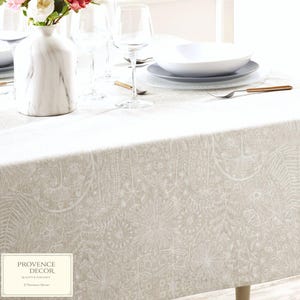 88in Bianca Meadow Linen Round Tablecloth Wipeable Coated Cotton Beige French Floral Neutral Farmhouse Dining Decor Kitchen Table Cover