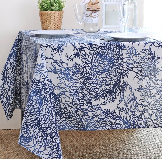 FRENCH RIVIERA BLUE Cotton Coated Rectangle Table cloth French Oil Cloth Wipe Off Rectangular Table Cover Coral Reefs Beach Home Decor