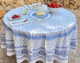 70in BASTIDE WHITE BLUE Round 100% Cotton Tablecloth Traditional Provence Marat Circular Table Cover Kitchen Dining French Home Gift Decor
