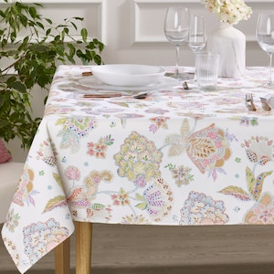 PAISLEY FLORAL BLUSH  Rectangle Coated Cotton Tablecloth French Vintage Style Pastel Pink Wipe Clean Fabric Rectangular Dining Garden Picnic