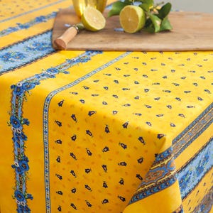 TRADITION YELLOW BLUE French Provence Cotton Coated Rectangle Tablecloth - French Oilcloth Spill Proof Wipe Off Cloth Party & Home Decor