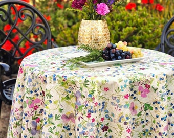 88" LUANA Round French Country Wildflowers Berries Cotton Coated Tablecloths - French Oil cloth Spill Proof Wipe Off Cloth Table Decor Gifts