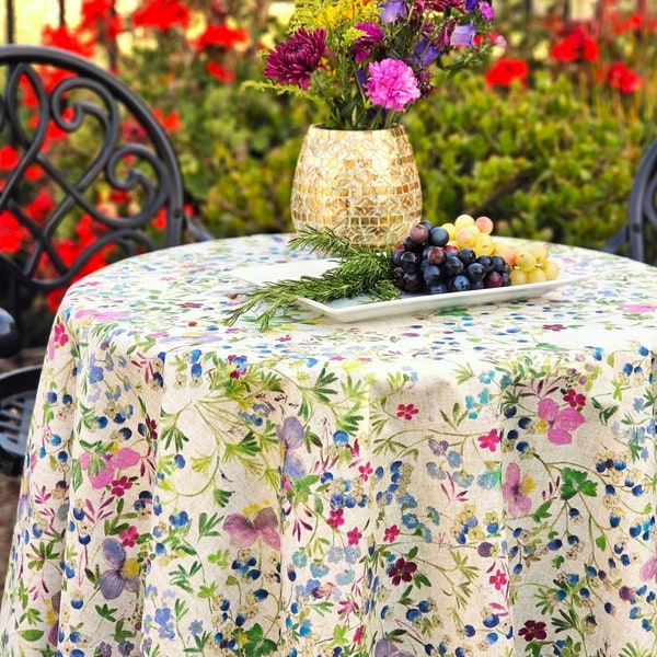 88" LUANA Round French Country Wildflowers Berries Cotton Coated Tablecloths - French Oil cloth Spill Proof Wipe Off Cloth Table Decor Gifts