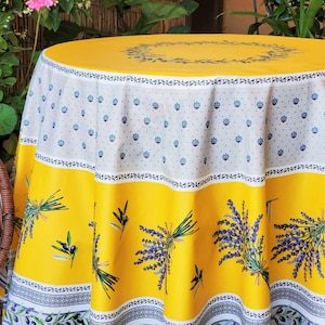 70" PROVENCE LAVENDER YELLOW Cotton Coated Round Table cloths -French Oilcloth Spill Proof Wipe Off Table Cover-French Country Flowers Decor