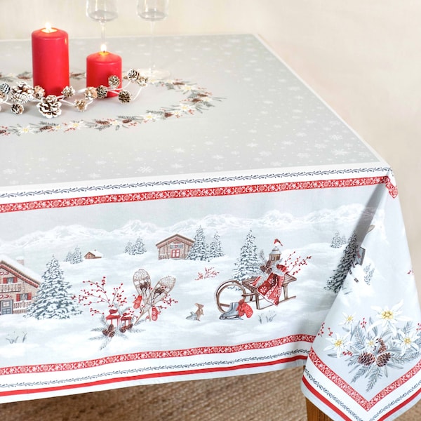 EDELWEISS CHRISTMAS Cotton Coated Rectangular Tablecloths - French Oilcloth Wipe Off Spill Proof Rectangle XMAS Party Table Cover Home Gifts