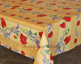 POPPY LAVENDER YELLOW Rectangle Cotton Coated Table Cover French Oilcloth Spill Water Proof Fabric French Country Provence Flowers Decor