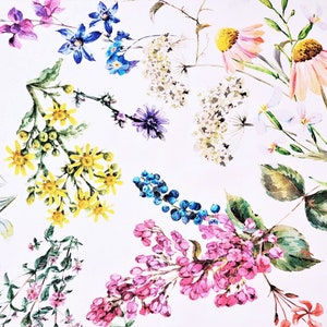 May include: A watercolour floral print featuring a variety of flowers in shades of pink, yellow, blue, and white. The flowers are arranged in a random pattern on a white background.