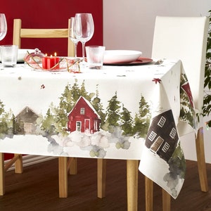 CHRISTMAS VILLAGE Cotton Coated Rectangle Tablecloths - French Oilcloth Spill Proof Xmas Rectangular Table Cover - Holidays Decoration Gifts