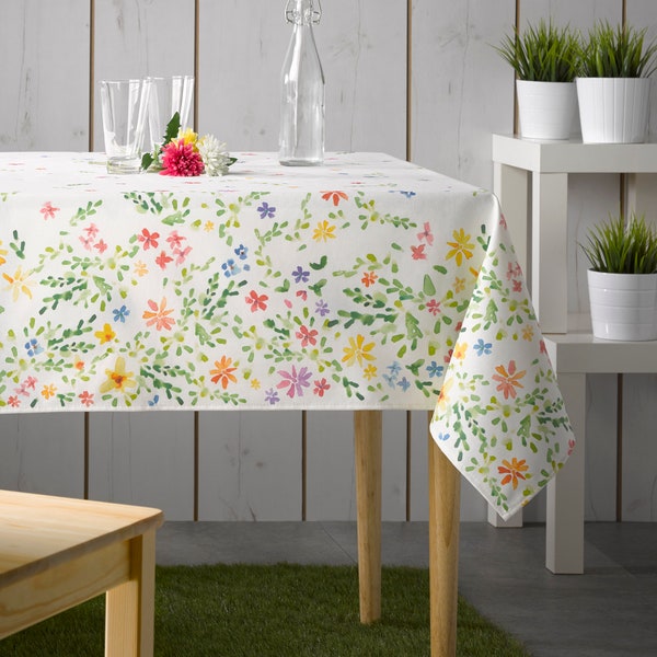 JARDIN WILDFLOWERS BORDER Design Cotton Coated Tablecloth - French Oilcloth Spill Proof Wipe Off Fabric - French Country Flowers Table Cover