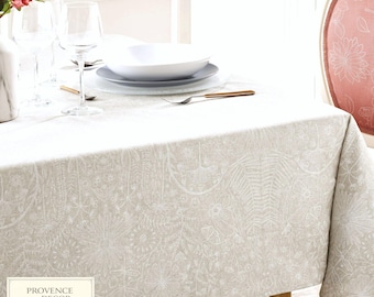 Bianca Meadow Linen Rectangle Tablecloth Wipeable Coated Cotton Beige French Floral Neutral Farmhouse Dining Decor Kitchen Table Cover