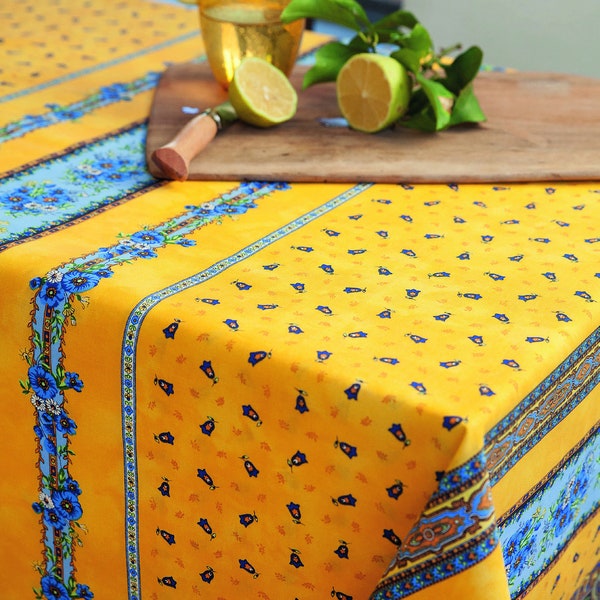 TRADITION YELLOW BLUE French Provence Cotton Coated Rectangle Tablecloth - French Oilcloth Spill Proof Wipe Off Cloth Party & Home Decor