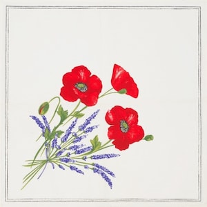 May include: A white background with a bouquet of red poppies and purple lavender flowers.