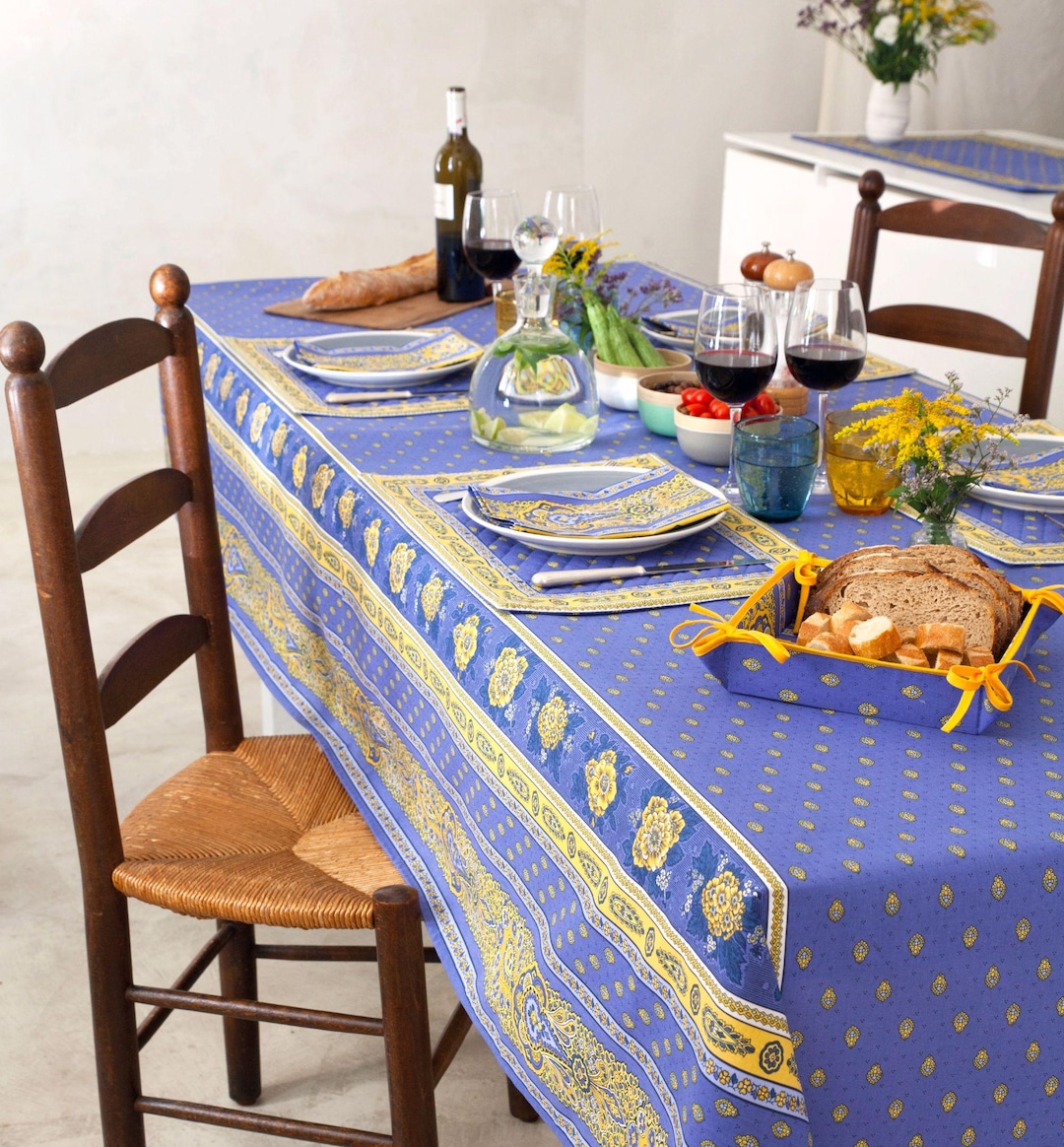 BASTIDE BLUE YELLOW Rectangle Printed Cotton 98" X 62" Tablecloth French Country Provence Party Table Cover Elegant Home Decoration Gift