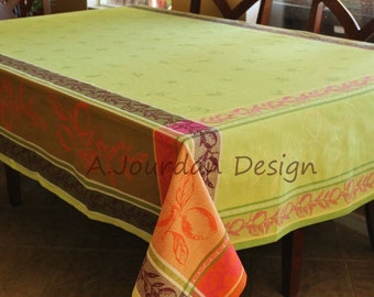 LEMON GREEN French Jacquard Woven Teflon Cotton Coated Tablecloths - French Country Provence Lemon Table Cover - Elegant Home Decor Gifts