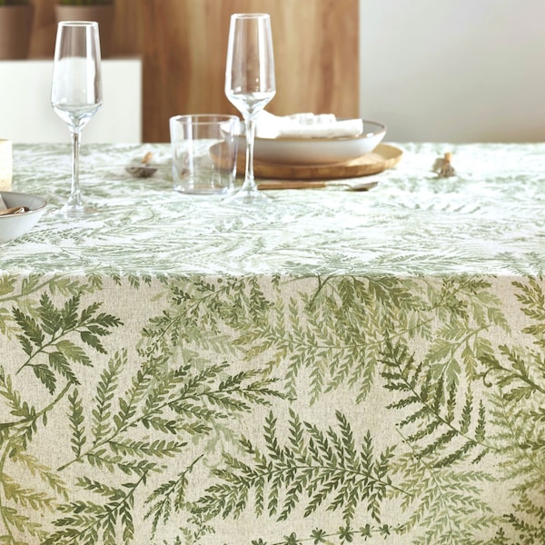 60" ZEN GARDEN Cotton Coated Round Tablecloths - French Oilcloth Spill Proof Wipe Off Laminated Tablecloth - Fern Leaves Fashion Table Decor
