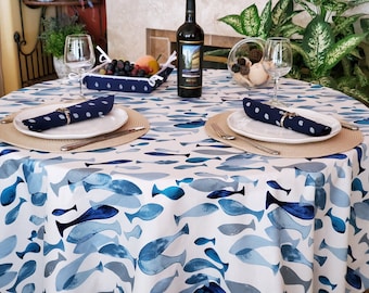 60" OCEAN FISH BLUE Round Cotton Coated Table cloths - French Oilcloth Spill Wipe Off Party Circular Cloth - Nature Fish Beach Home Decor