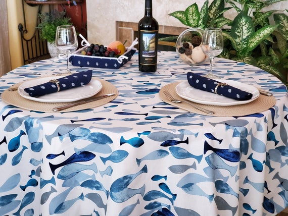 60 OCEAN FISH BLUE Round Cotton Coated Table Cloths French Oilcloth Spill  Wipe off Party Circular Cloth Nature Fish Beach Home Decor 