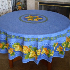 GRAPES BLUE Printed Cotton Vintage Design 70 inches Round Tablecloth - French Provence Wine Lovers Gifts - Wine Country Home Table Decor