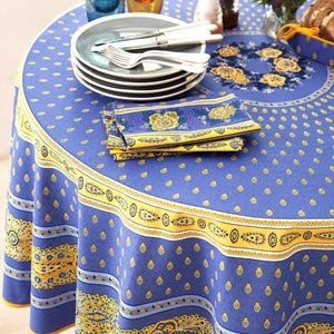 70in BASTIDE BLUE YELLOW Round Acrylic Cotton Coated Tablecloths French Country Oilcloth Stain Resistant Wipe Off Fabric Party Table Decor image 1