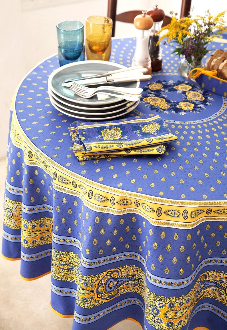 70in BASTIDE BLUE YELLOW Round Acrylic Cotton Coated Tablecloths French Country Oilcloth Stain Resistant Wipe Off Fabric Party Table Decor image 1