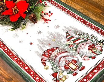 CHRISTMAS GNOMES French Jacquard Tapestry Decorative Table Runners - Elegant Xmas Table Center Piece - Christmas Home Accent Gift Ideas