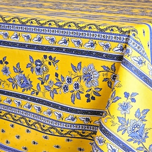 AVIGNON YELLOW BLUE French Oilcloth Cotton Coated Rectangle Tablecloth - Provence Rectangular Table Cover - Indoor Outdoor Party Table Decor