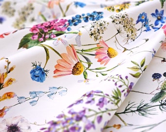 SYLVIE WILDFLOWERS Fabric by the Yard 61 inches wide Acrylic Cotton Coated - French Oil cloth Stain Resistant Wipe Off Heavy Cotton Material