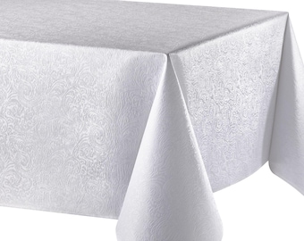 ANTOINETTE WHITE Rectangle Cotton Coated Tablecloths Elegant Woven Design French Oilcloth Wipe Off Fabric Indoor Outdoor Party Table Covers