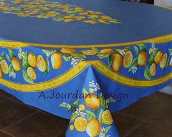 LEMON BLUE Cotton Coated Provence Rectangle Tablecloth - French Oil Cloth Easy Clean Wipe Off Fabric - Rectangular Table Party Home Decor