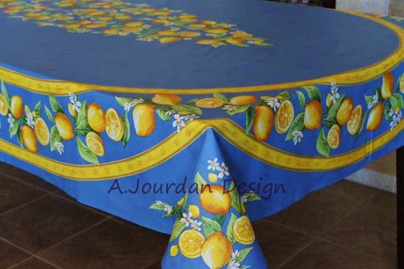 LEMON BLUE Rectangle Cotton Coated Provence Tablecloth French Oilcloth Wipeable Fabric Easy Clean Cover Picnic Party Kitchen Table Decor