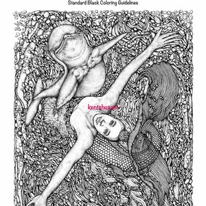 May include: A black and white line drawing of a mermaid and a dolphin intertwined in a swirling pattern. The image is titled "Standard Black Coloring Guidelines" and includes the website "www.kentechuaart.com".