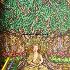 4 PDF Adult Coloring Pages-Black-Blue-Grey-Sepia-Instant Download-Printable Coloring Pages-PDF Coloring Pages-Buddha Meditation-Kent Chua Ar