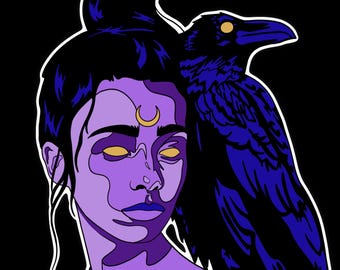 Nina the Raven Whisperer, Dark Fantasy Digital Art Print, Maximalist Wall Art, Trendy Prints, Eclectic Wall Art, Surreal Portrait, Moody Art