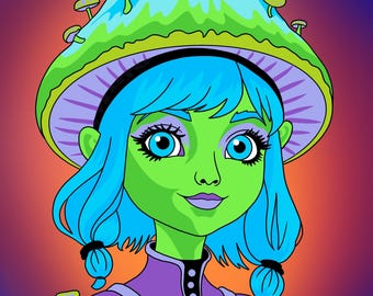 Kelly the Mystical Mushroom Girl Portrait with Surreal Nature Elements, Digital Art Print, Trendy Wall Art, Maximalist Gallery Wall Art
