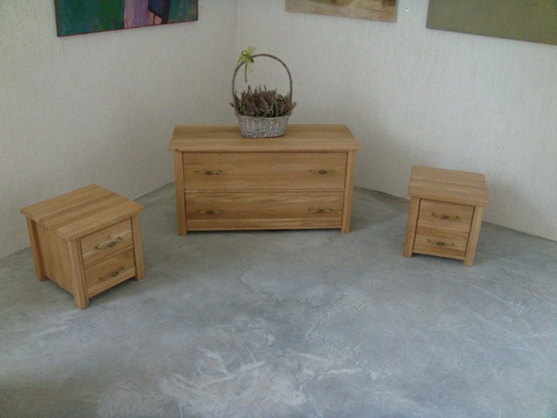 Pu&ograve; includere: Tre comodini in legno con due cassetti ciascuno. I comodini sono in legno chiaro e hanno maniglie in ottone. I comodini sono disposti in fila su un pavimento grigio chiaro.