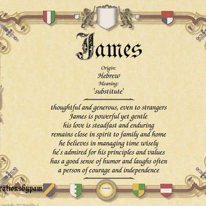 James Primeiro Nome Significado Art Print-Qualquer nome Significado Art Print-Heráldica-Personalizado 8x10-Decoração de casa-Aniversário-Dia dos Pais-Presente para ele