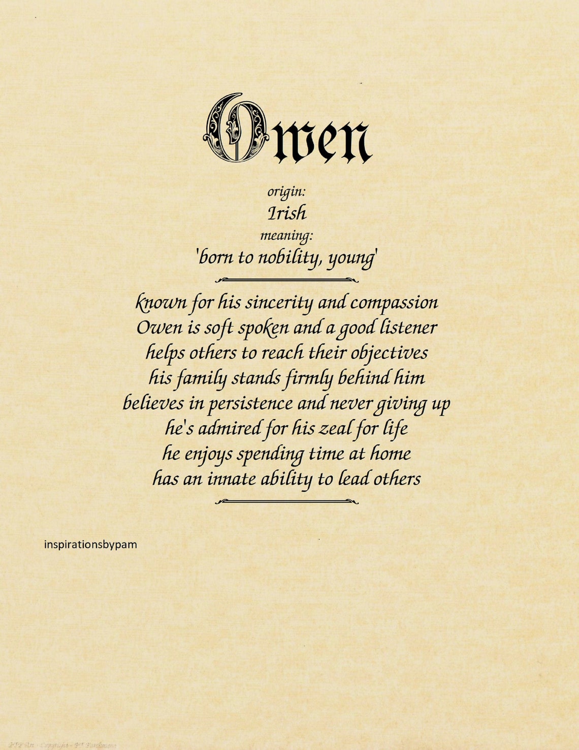 Owen First Name Meaning Art Printname Meaningparchment Paper8x10