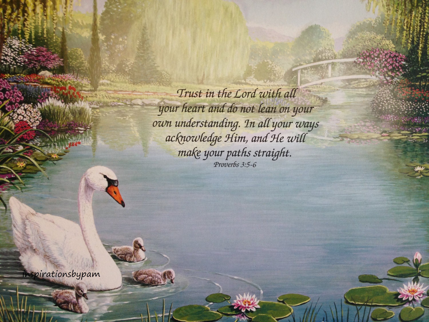 Scripture Art Print bible Verse proverbs 3 5 6 swans in Lake Art 8x10
